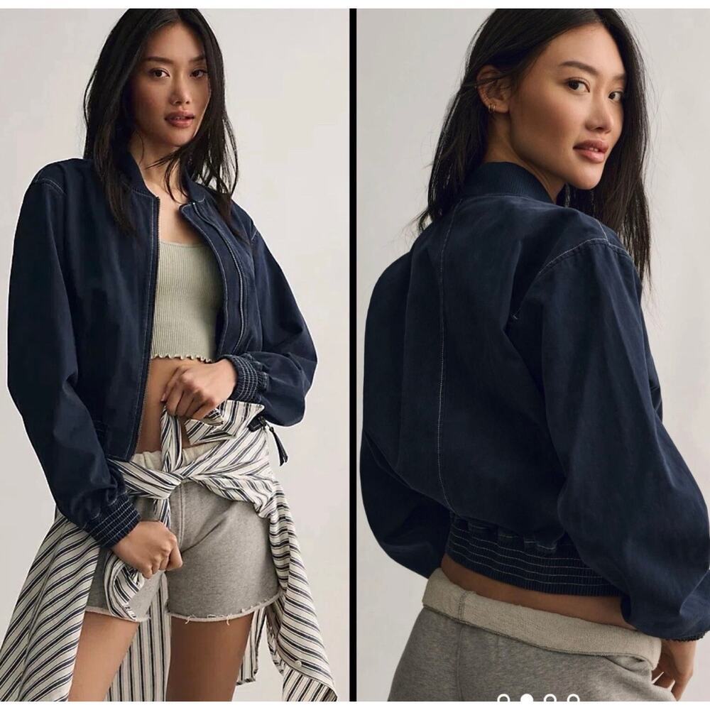 Pilcro Anthro Navy Blue Canvas Cropped Bomber Jacket Elastic Waist Small Casual